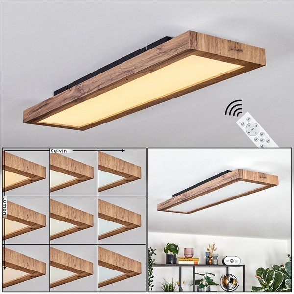 hofstein Deckenleuchte dimmbares Deckenpanel aus Metall/MDF in Schwarz/Holzoptik, LED wechselbar, 2700-6500 Kelvin, skandinavisches Design, mit Fernbedienung, 2