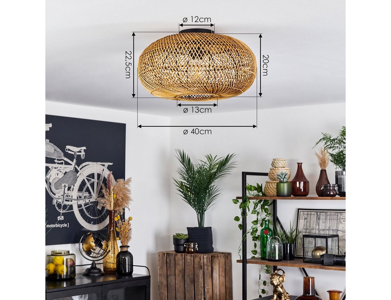 hofstein Deckenleuchte »Messerotti« moderne Deckenlampe aus Metall/Rattan in Schwarz/Natur, ohne Leuchtmittel, Leuchte im modernen Design mit Lichteffekt, ø40cm – Bild 4 von 5