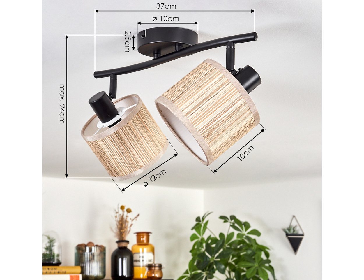 hofstein Deckenleuchte moderne Deckenlampe aus Metall/Seegras in Schwarz/Natur, ohne Leuchtmittel, mit verstellbaren Strahlern, Leuchte, 2 x E14, ohne Leuchtmit – Bild 4 von 5