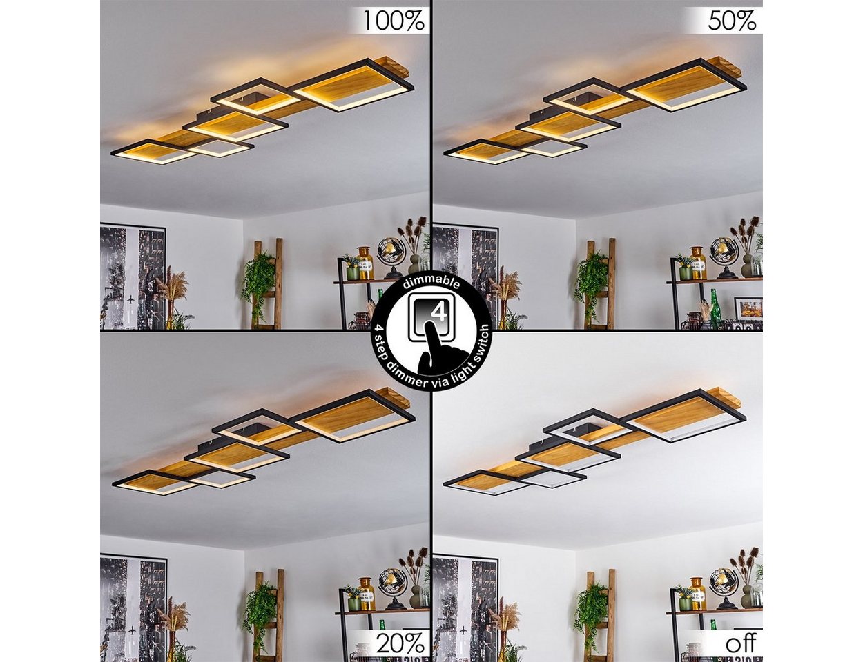 hofstein Deckenleuchte »Palermo« dimmbare Deckenlampe, Metall/Holz/Kunststoff, Schwarz/Natur, 3000 Kelvin, über herkömmlichen Lichtschalter dimmbar, LED, 5700 L – Bild 2 von 5