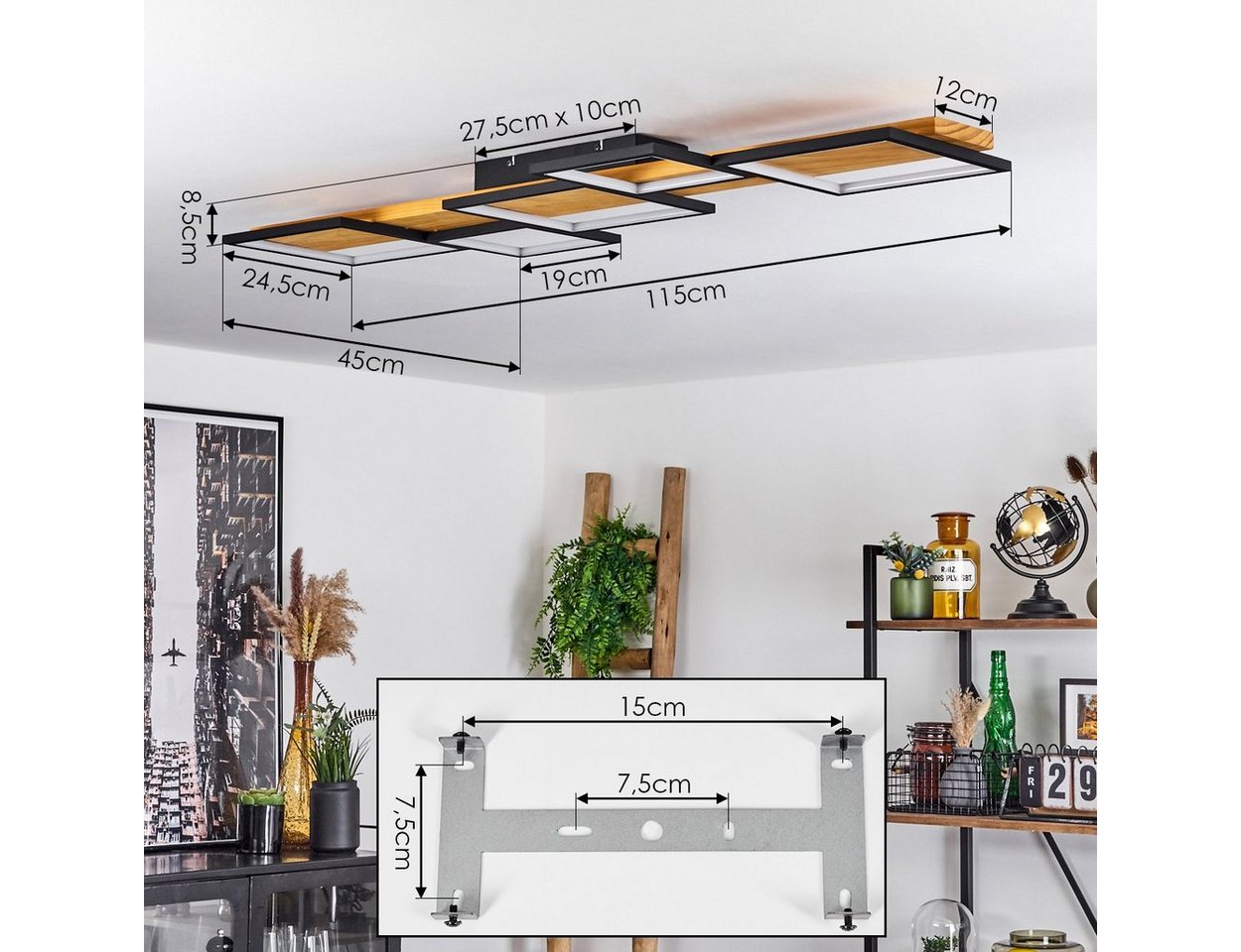 hofstein Deckenleuchte »Palermo« dimmbare Deckenlampe, Metall/Holz/Kunststoff, Schwarz/Natur, 3000 Kelvin, über herkömmlichen Lichtschalter dimmbar, LED, 5700 L – Bild 5 von 5
