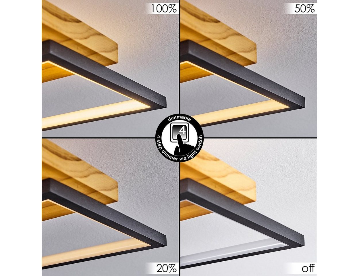 hofstein Deckenleuchte »Palermo« dimmbare Deckenlampe, Metall/Holz/Kunststoff, Schwarz/Natur, 3000 Kelvin, über herkömmlichen Lichtschalter dimmbar, LED, 4000 L – Bild 2 von 5