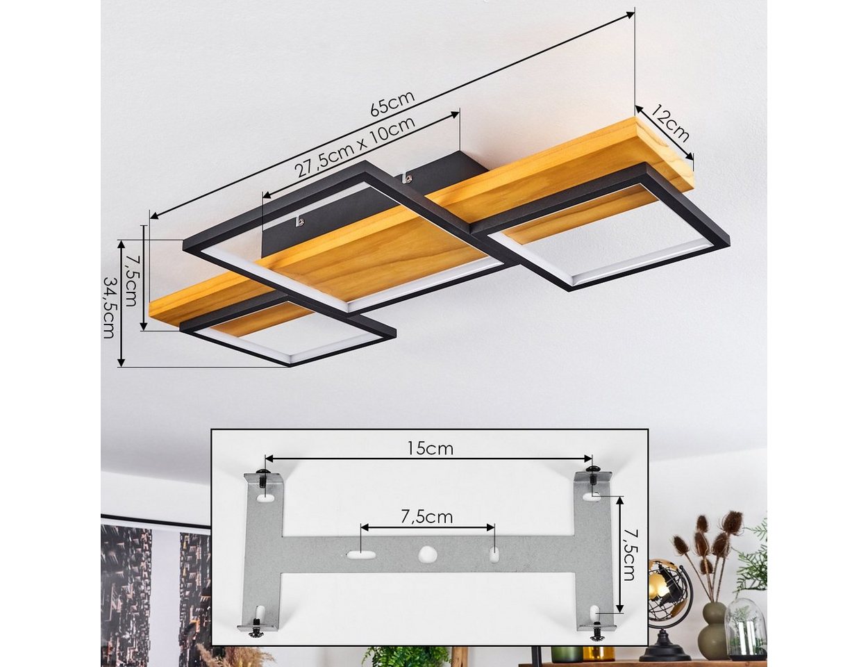 hofstein Deckenleuchte »Palermo« dimmbare Deckenlampe, Metall/Holz/Kunststoff, Schwarz/Natur, 3000 Kelvin, über herkömmlichen Lichtschalter dimmbar, LED, 4000 L – Bild 4 von 5