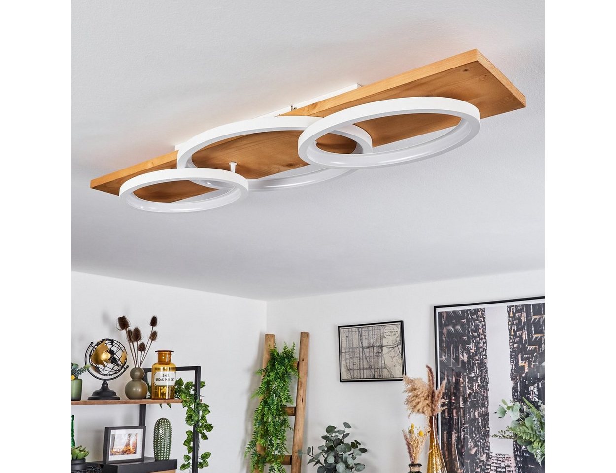 hofstein Deckenleuchte »Palermo« moderne Deckenlampe aus Metall/Holz/Kunststoff in Natur/Weiß, 3000 Kelvin, 97cm, dimmbar über Lichtschalter, 4700 Lumen, 1xLED  – Bild 5 von 5