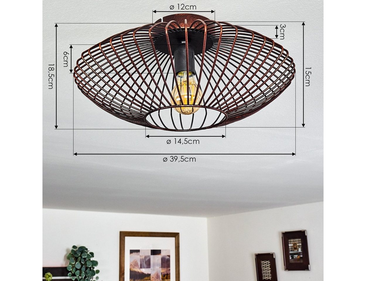 hofstein Deckenleuchte »Pieris« runde Deckenlampe aus Metall in Schwarz/Kupfer, ohne Leuchtmittel, E27, Retro-Leuchte mit Lichteffekt durch Gitter-Optik – Bild 4 von 5