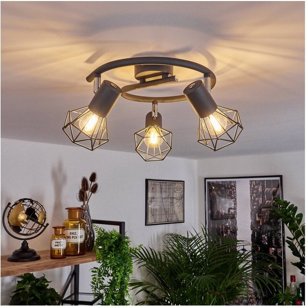 hofstein Deckenleuchte »Voltri« runde Deckenlampe aus Metall in Anthrazit/Chromfarben, ohne Leuchtmittel, moderne Leuchte m. Schirmen in Gitter-Optik u. Lichtef