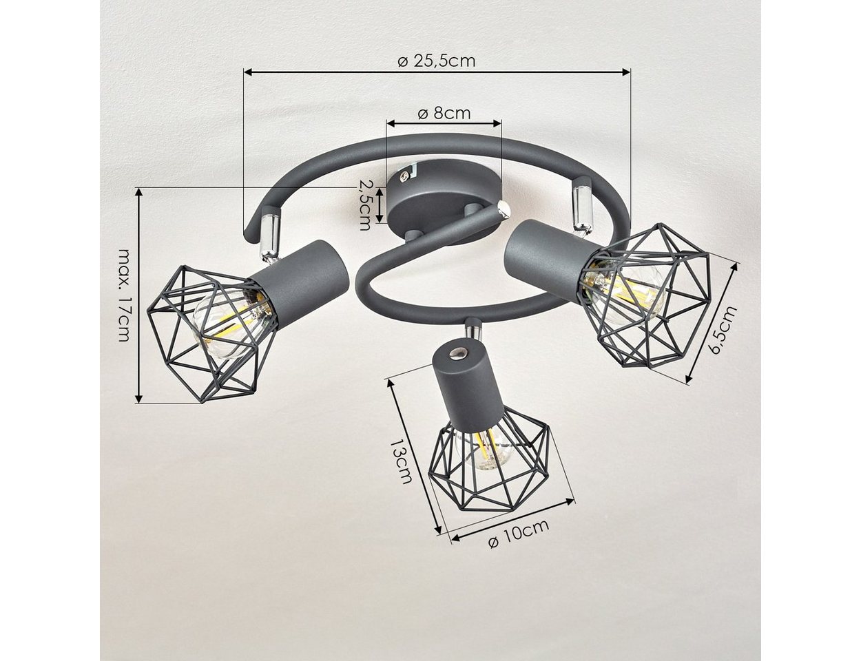 hofstein Deckenleuchte »Voltri« runde Deckenlampe aus Metall in Anthrazit/Chromfarben, ohne Leuchtmittel, moderne Leuchte m. Schirmen in Gitter-Optik u. Lichtef – Bild 4 von 5