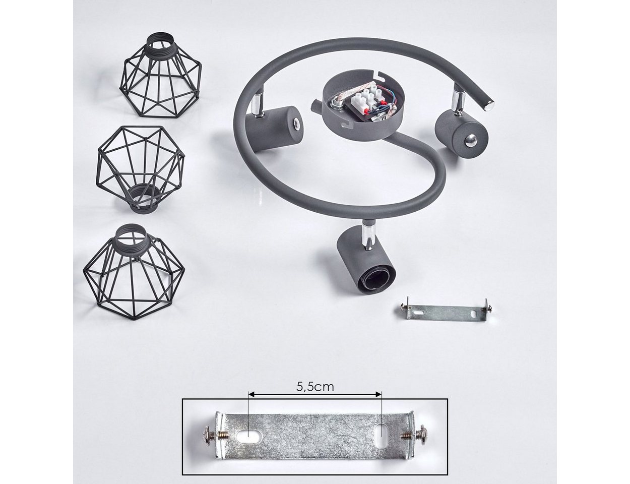 hofstein Deckenleuchte »Voltri« runde Deckenlampe aus Metall in Anthrazit/Chromfarben, ohne Leuchtmittel, moderne Leuchte m. Schirmen in Gitter-Optik u. Lichtef – Bild 5 von 5