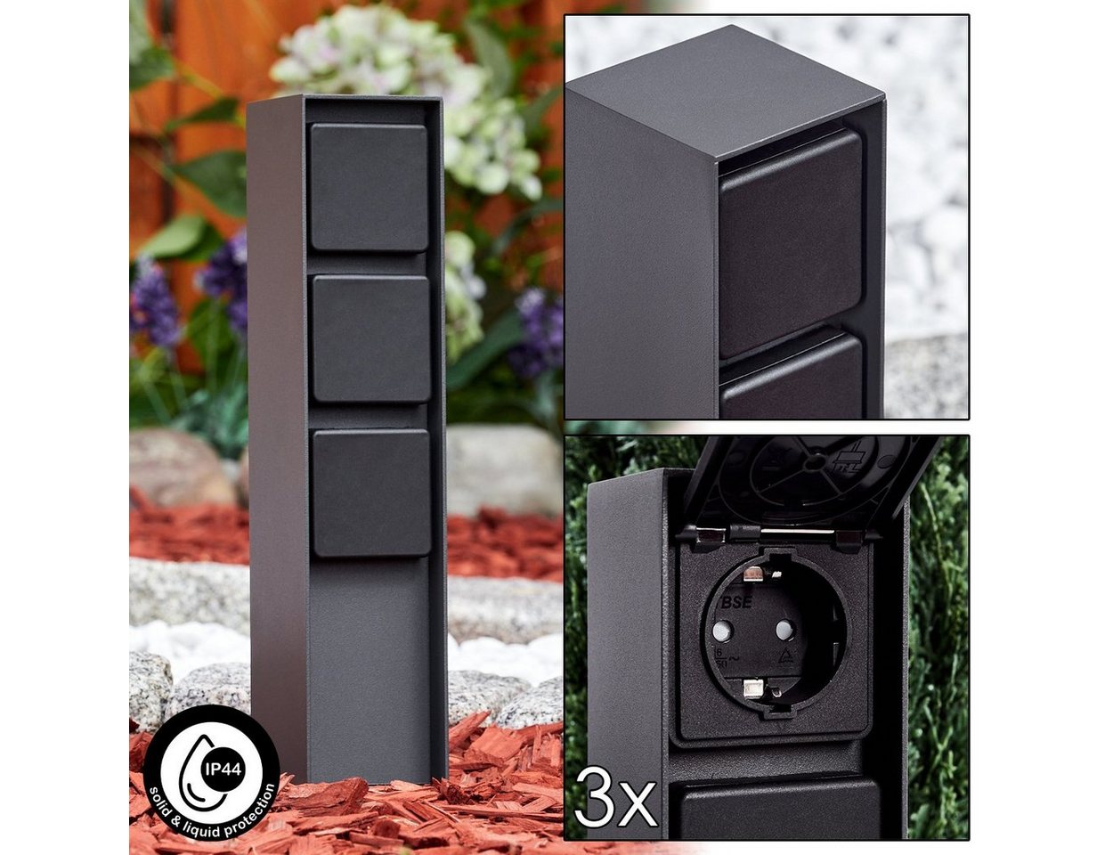 hofstein Gartenleuchte »Ruscio« Steckdose, Leuchte aus Metall/Kunststoff in Anthrazit/Schwarz, Steckdose mit 3 Anschlüssen, 3xmax. 3680 Watt, 230 V – Bild 2 von 5