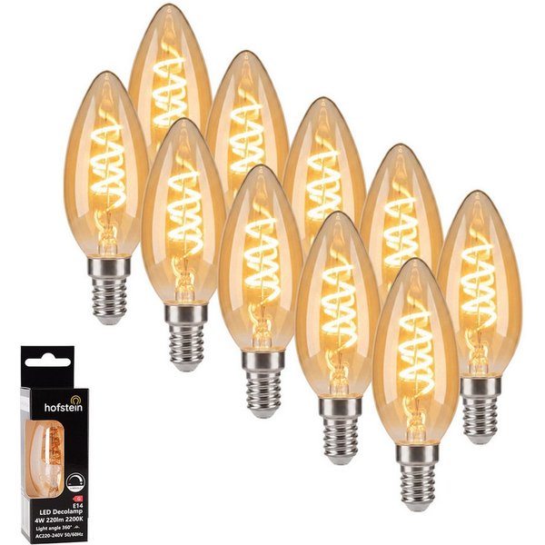 hofstein LED-Leuchtmittel 10er Set Glühbirne Extra Warmweiß dimmbar 4 Watt, E14, 2200 Kelvin, 220 Lumen, Kerze, Filament Spirale, Amber