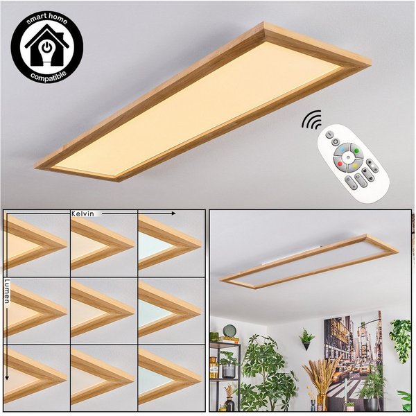 hofstein Panel dimmbare Deckenleuchte aus Metall/Holz/Kunststoff in Weiß/Natur, LED wechselbar, Deckenleuchte Smart Home/App/Fernbedienung, 2700-6500 Kelvin, CC