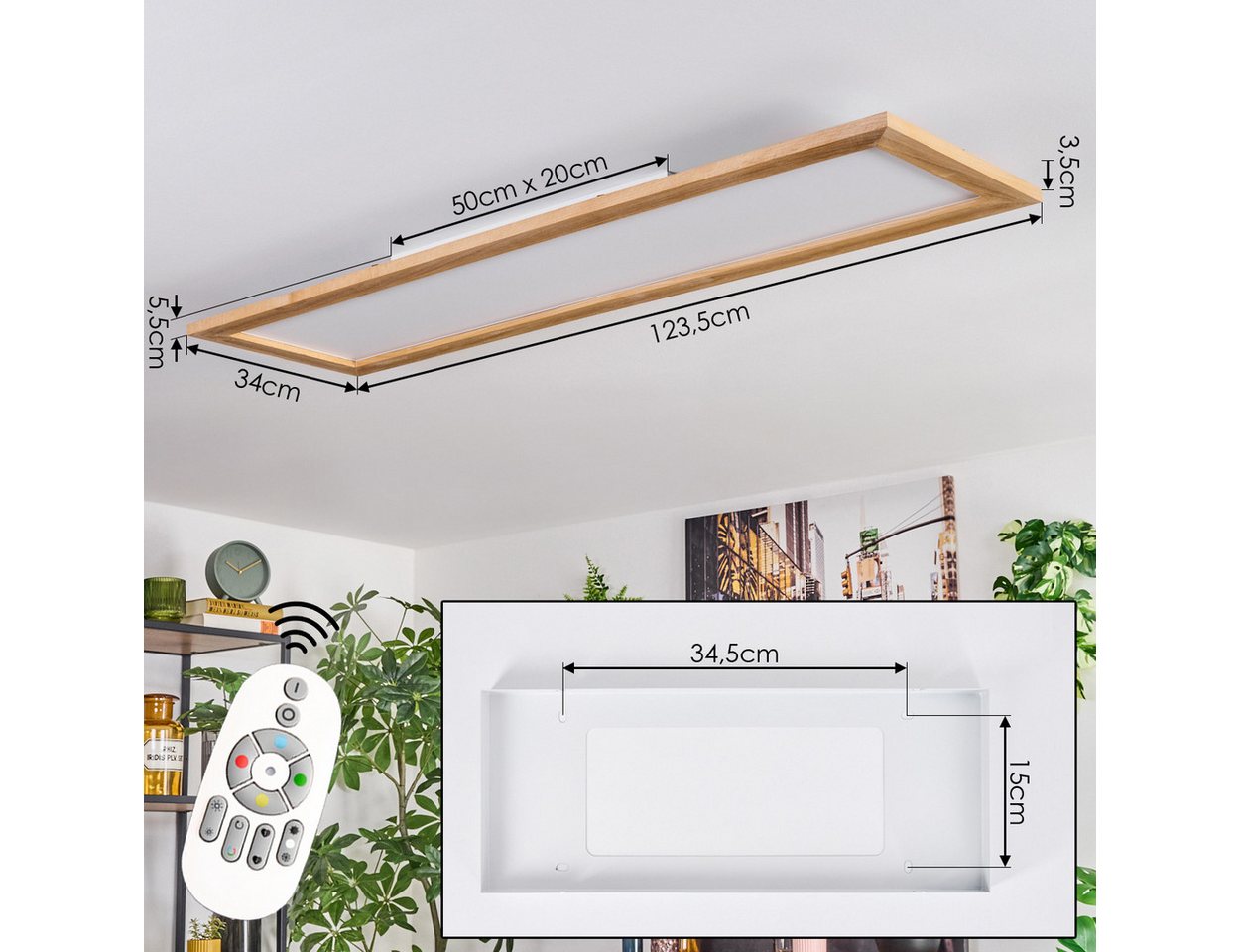 hofstein Panel dimmbare Deckenleuchte aus Metall/Holz/Kunststoff in Weiß/Natur, LED wechselbar, Deckenleuchte Smart Home/App/Fernbedienung, 2700-6500 Kelvin, CC – Bild 4 von 5
