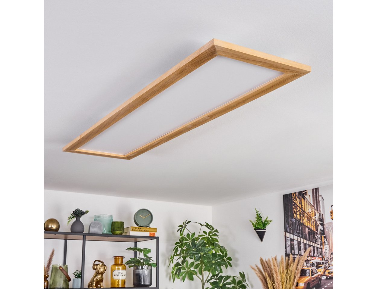hofstein Panel dimmbare Deckenleuchte aus Metall/Holz/Kunststoff in Weiß/Natur, LED wechselbar, Deckenleuchte Smart Home/App/Fernbedienung, 2700-6500 Kelvin, CC – Bild 5 von 5