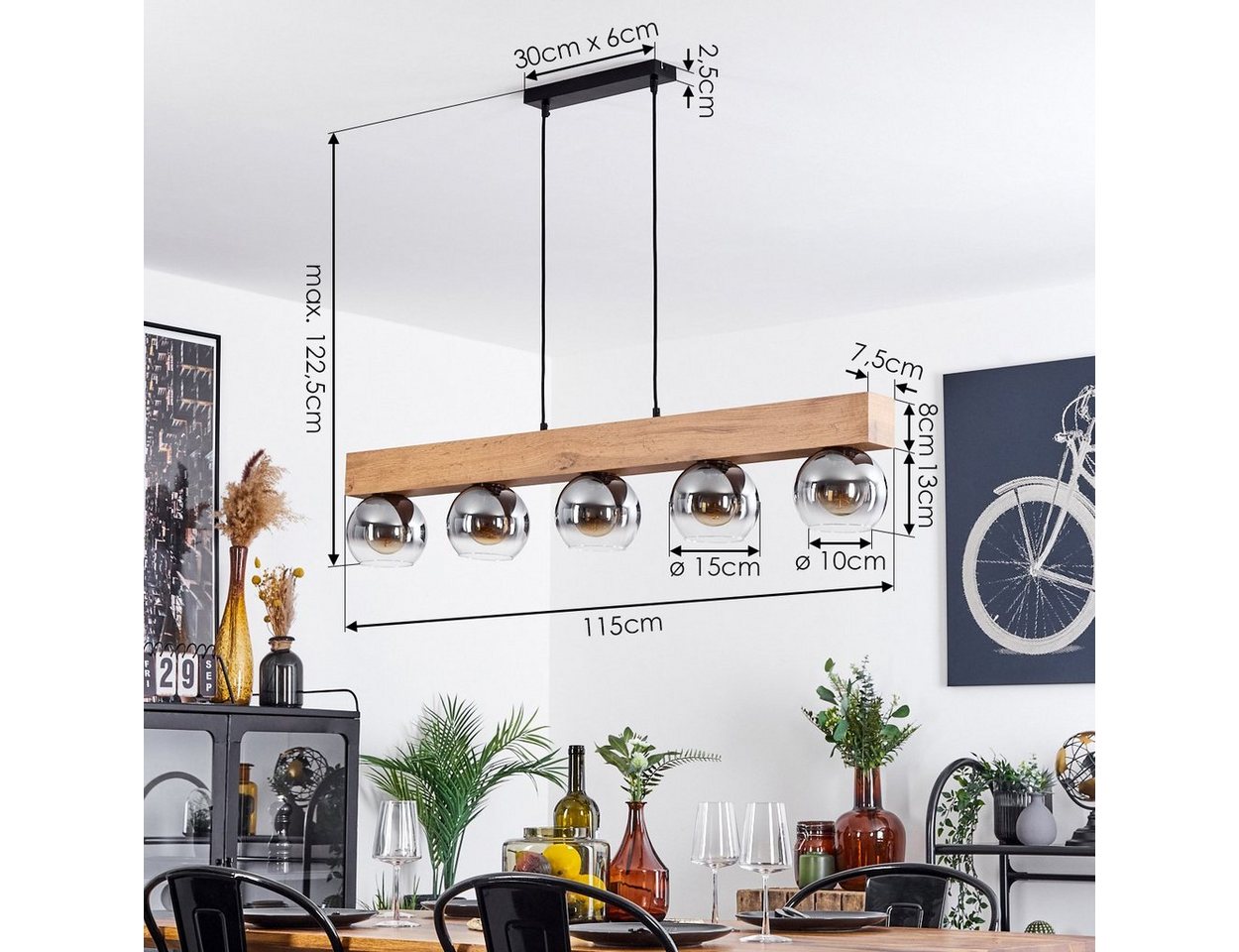 hofstein Pendelleuchte »Canove« Pendellampe, Metall/MDF/Glas, Schwarz/Holzoptik/Braun, ohne Leuchtmittel, Leuchte mit Höhe max. 122, 5cm, 5xE27, Chromfarben – Bild 4 von 5