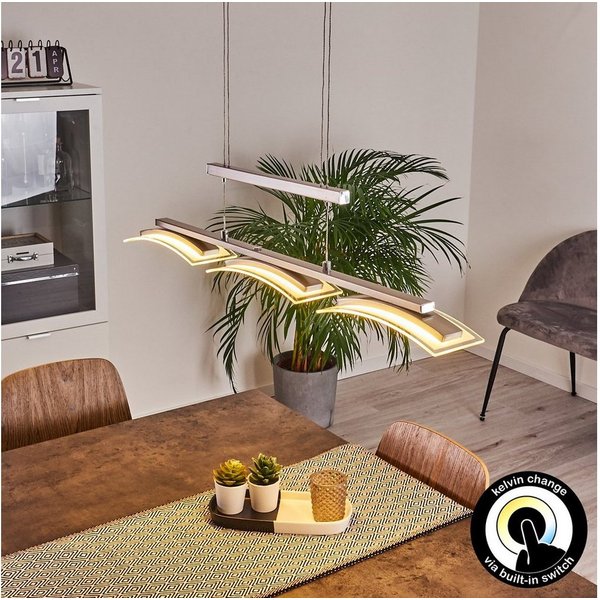 hofstein Pendelleuchte »Ovaro« dimmbare Deckenlampe, Metall, Nickel-matt, klarem Glasschirm, 2700 Kelvin, moderne Hängelampe mit Tastschalter, 3xLED 5 Watt, 135