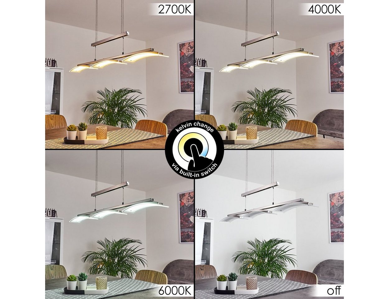 hofstein Pendelleuchte »Ovaro« dimmbare Deckenlampe, Metall, Nickel-matt, klarem Glasschirm, 2700 Kelvin, moderne Hängelampe mit Tastschalter, 3xLED 5 Watt, 135 – Bild 2 von 5