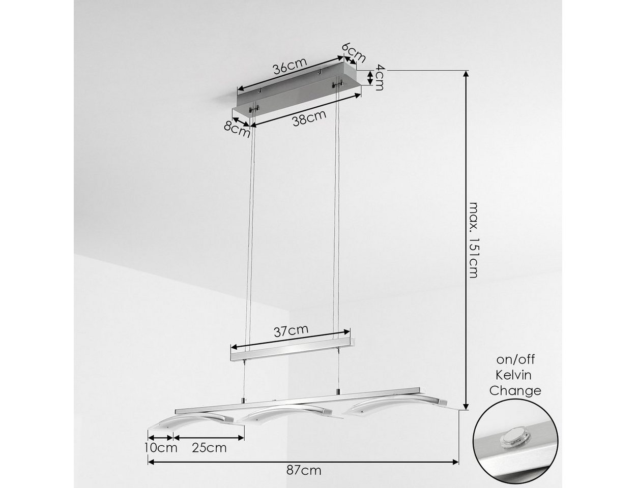 hofstein Pendelleuchte »Ovaro« dimmbare Deckenlampe, Metall, Nickel-matt, klarem Glasschirm, 2700 Kelvin, moderne Hängelampe mit Tastschalter, 3xLED 5 Watt, 135 – Bild 4 von 5