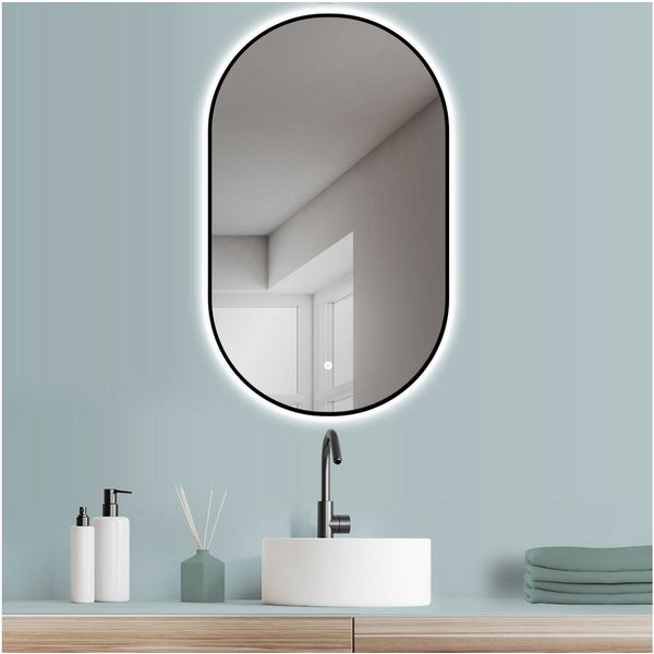 HOKO Badspiegel oval mit schwarzem Rahmen, indirektem Spiegellicht und Memory-Funktion (45x75 cm LED-Wandspiegel, mit Touch-Schalter und stufenlosem Farbwechsel
