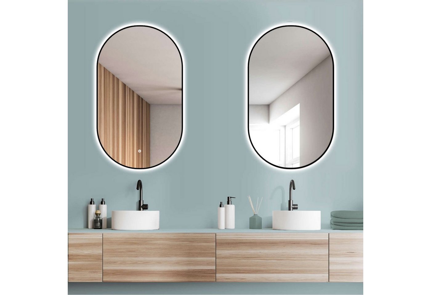 HOKO Badspiegel oval mit schwarzem Rahmen, indirektem Spiegellicht und Memory-Funktion (45x75 cm LED-Wandspiegel, mit Touch-Schalter und stufenlosem Farbwechsel – Bild 2 von 5