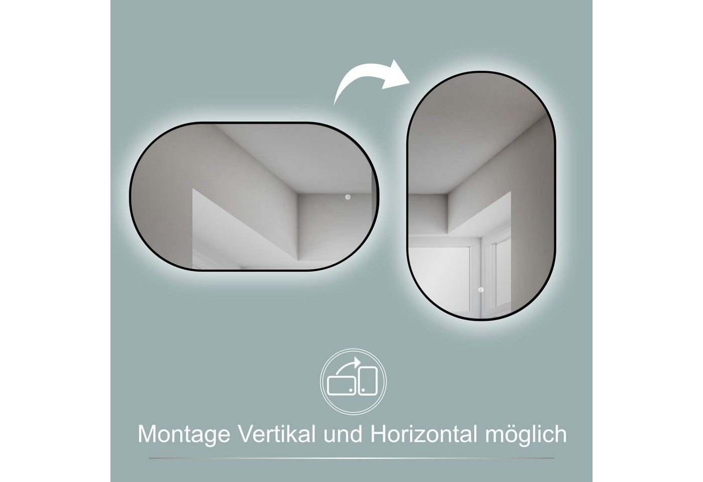 HOKO Badspiegel oval mit schwarzem Rahmen, indirektem Spiegellicht und Memory-Funktion (45x75 cm LED-Wandspiegel, mit Touch-Schalter und stufenlosem Farbwechsel – Bild 3 von 5