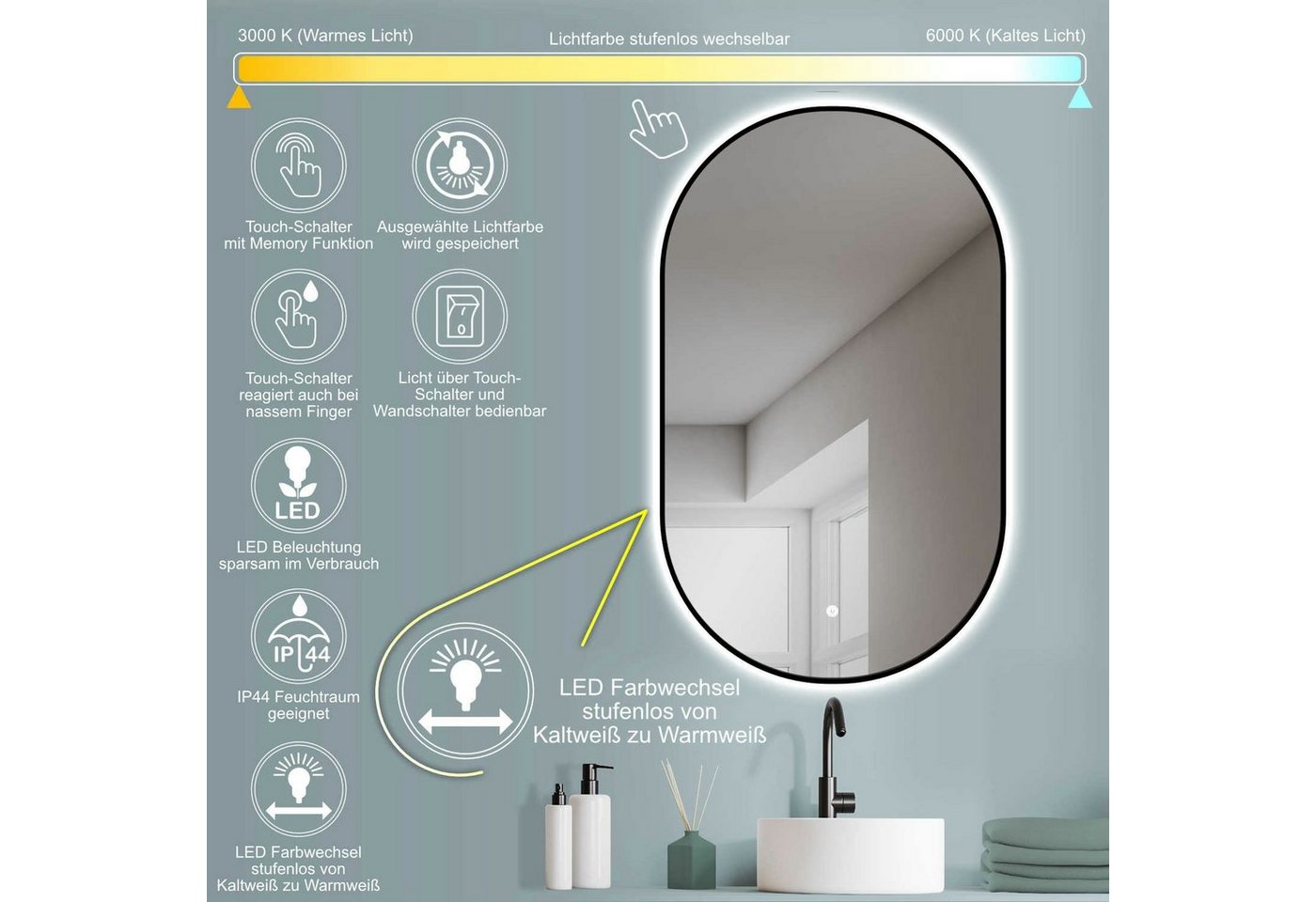 HOKO Badspiegel oval mit schwarzem Rahmen, indirektem Spiegellicht und Memory-Funktion (45x75 cm LED-Wandspiegel, mit Touch-Schalter und stufenlosem Farbwechsel – Bild 4 von 5