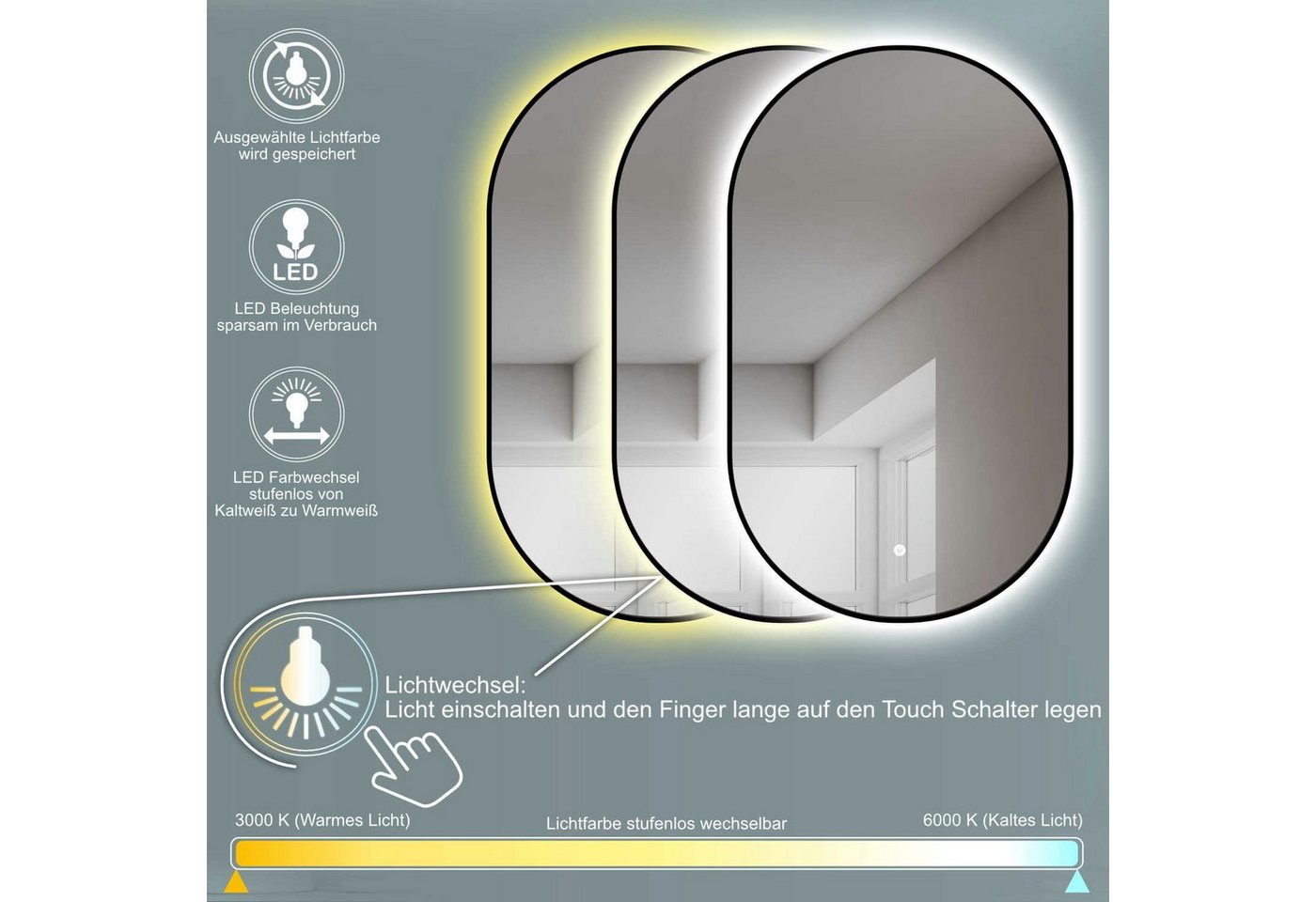 HOKO Badspiegel oval mit schwarzem Rahmen, indirektem Spiegellicht und Memory-Funktion (45x75 cm LED-Wandspiegel, mit Touch-Schalter und stufenlosem Farbwechsel – Bild 5 von 5