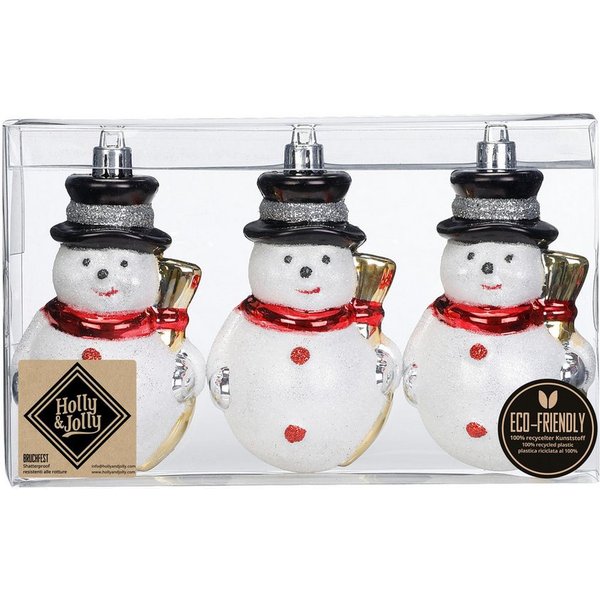 Holly & Jolly Christbaumschmuck, Christbaumschmuck Kunststoff 10cm Schneemann Figur 3er Set Weiß