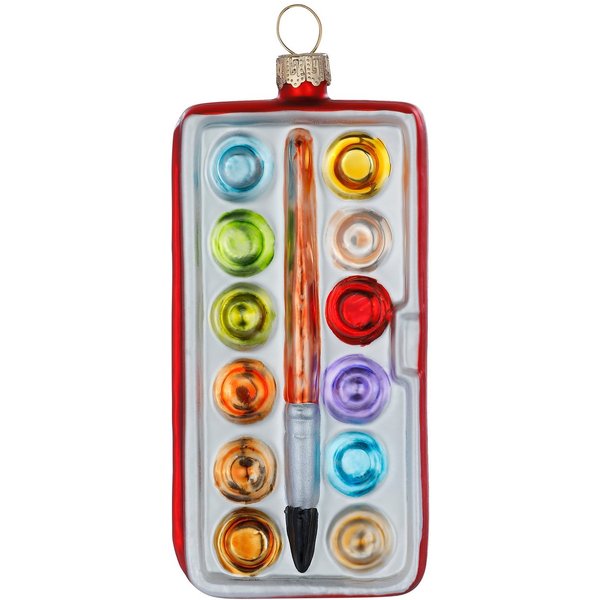 Holly & Jolly Christbaumschmuck, Christbaumschmuck Glas 11cm Malkasten mit Pinsel Figur Bunt