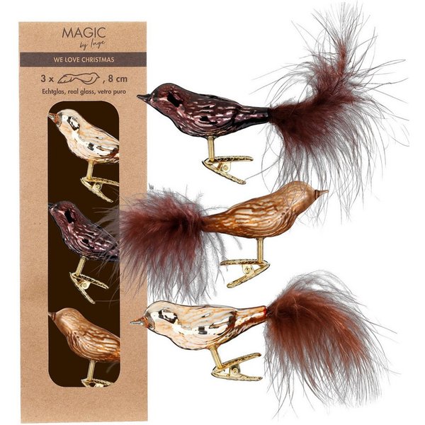 Holly & Jolly Christbaumschmuck, Christbaumschmuck Vögel auf Clip 8cm Glas 3er Set - Elegant Lounge