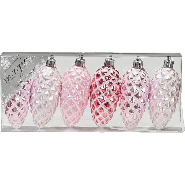 Holly & Jolly Christbaumschmuck, Christbaumschmuck Kunststoff Zapfen 9cm 6er Set - Rosa Mix