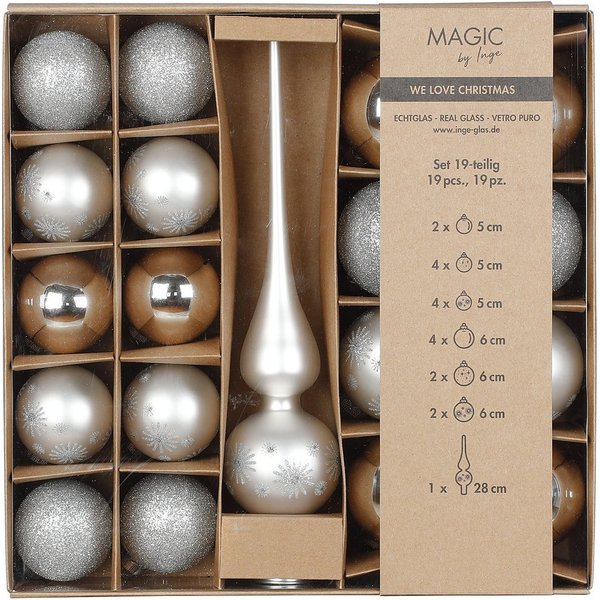 Holly & Jolly Weihnachtsbaumkugel, Weihnachtskugeln Glas 5-6cm mit Spitze 19er Set - Frosty Silver