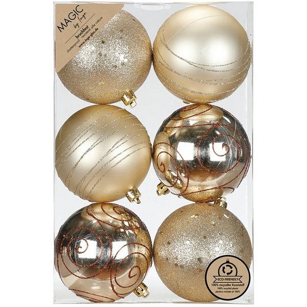 Holly & Jolly Weihnachtsbaumkugel, Weihnachtskugeln Kunststoff 8cm mit Glitzer 6er Set - Creamy Gold