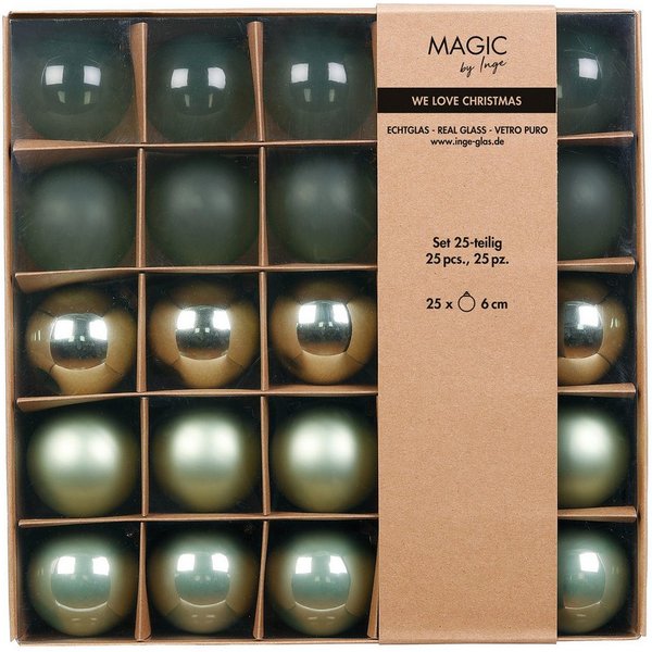 Holly & Jolly Weihnachtsbaumkugel, Weihnachtskugeln Glas 6cm 25er Set - Mild Sage teils transparent