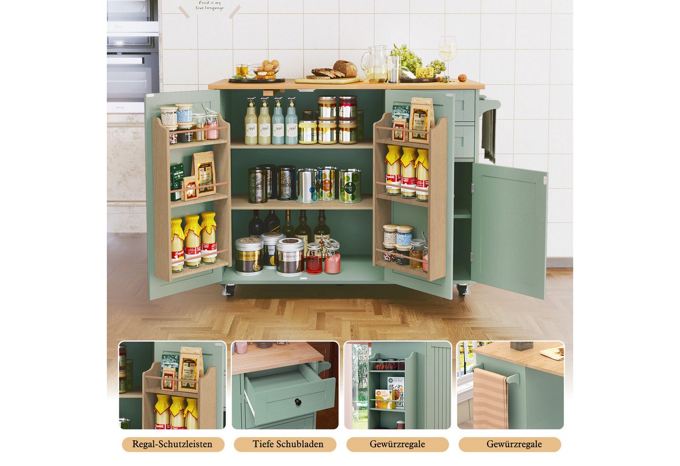 HOLTICO Küchenwagen mit Klappbarer Arbeitsplatte-Kücheninsel auf Rollen, Küchenschrank, (1 St), Bewegliche Kücheninsel auf Rollen, Anrichte für Esszimmer und Kü – Bild 3 von 5