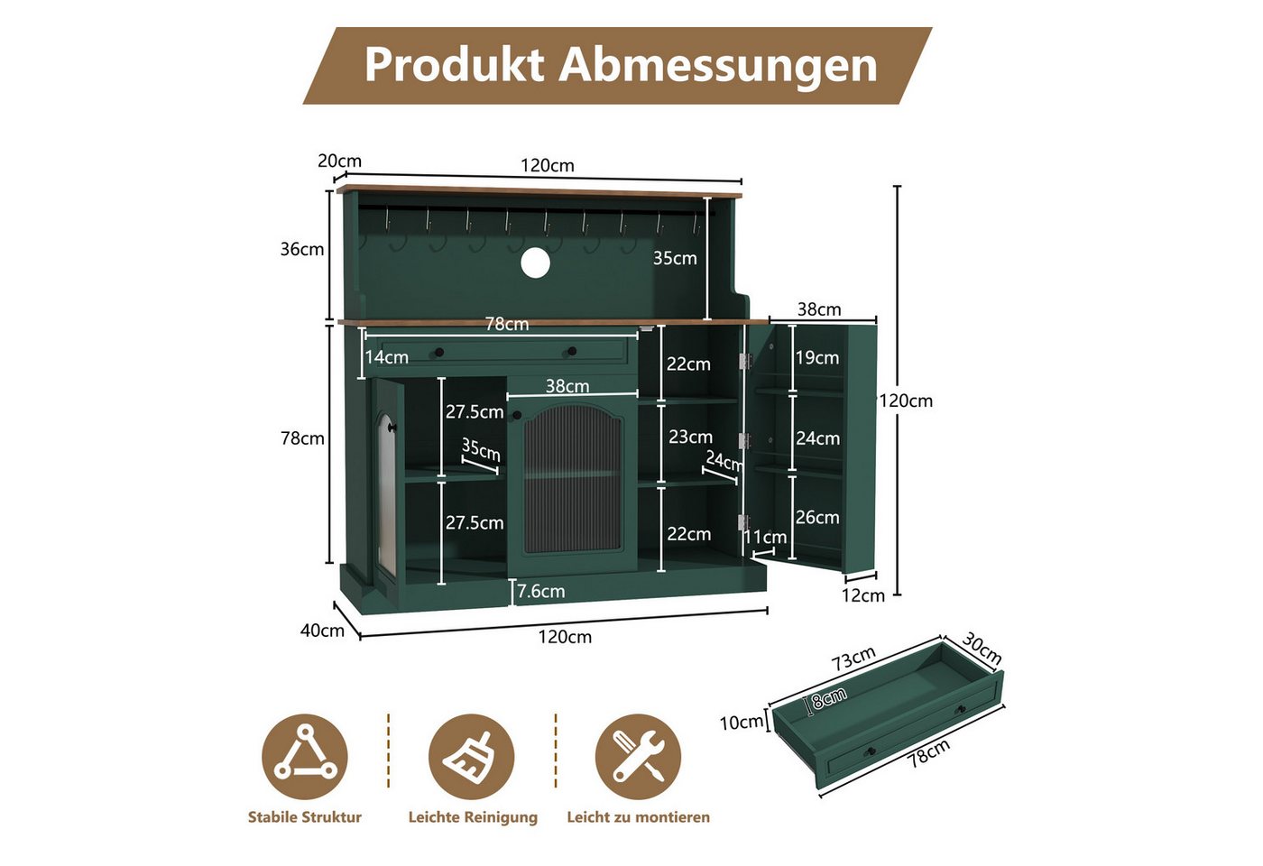 HOLTICO Sideboard Küchenschrank mit Arbeitsplatte, Küchenbuffet Buffetschrank (1 St), Weinschrank mit Schublade und Oberer Ablage – Bild 2 von 5