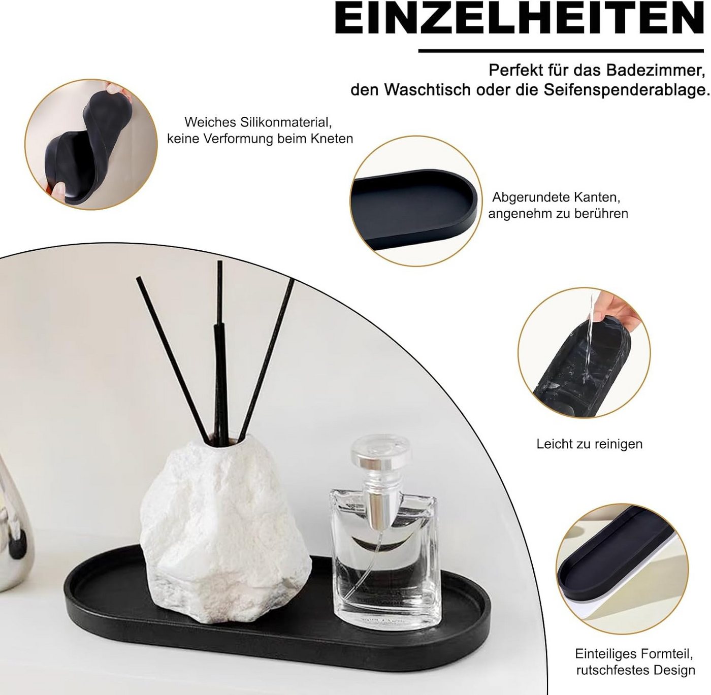 Holz Lichter Dekoschale Deko Tablett 2er Set, Silikon Ablageschalen, Schwarz, Oval, rutschfest (2 St), Pflegeleicht & multifunktional für Bad, Küche & Wohnzimme – Bild 4 von 5