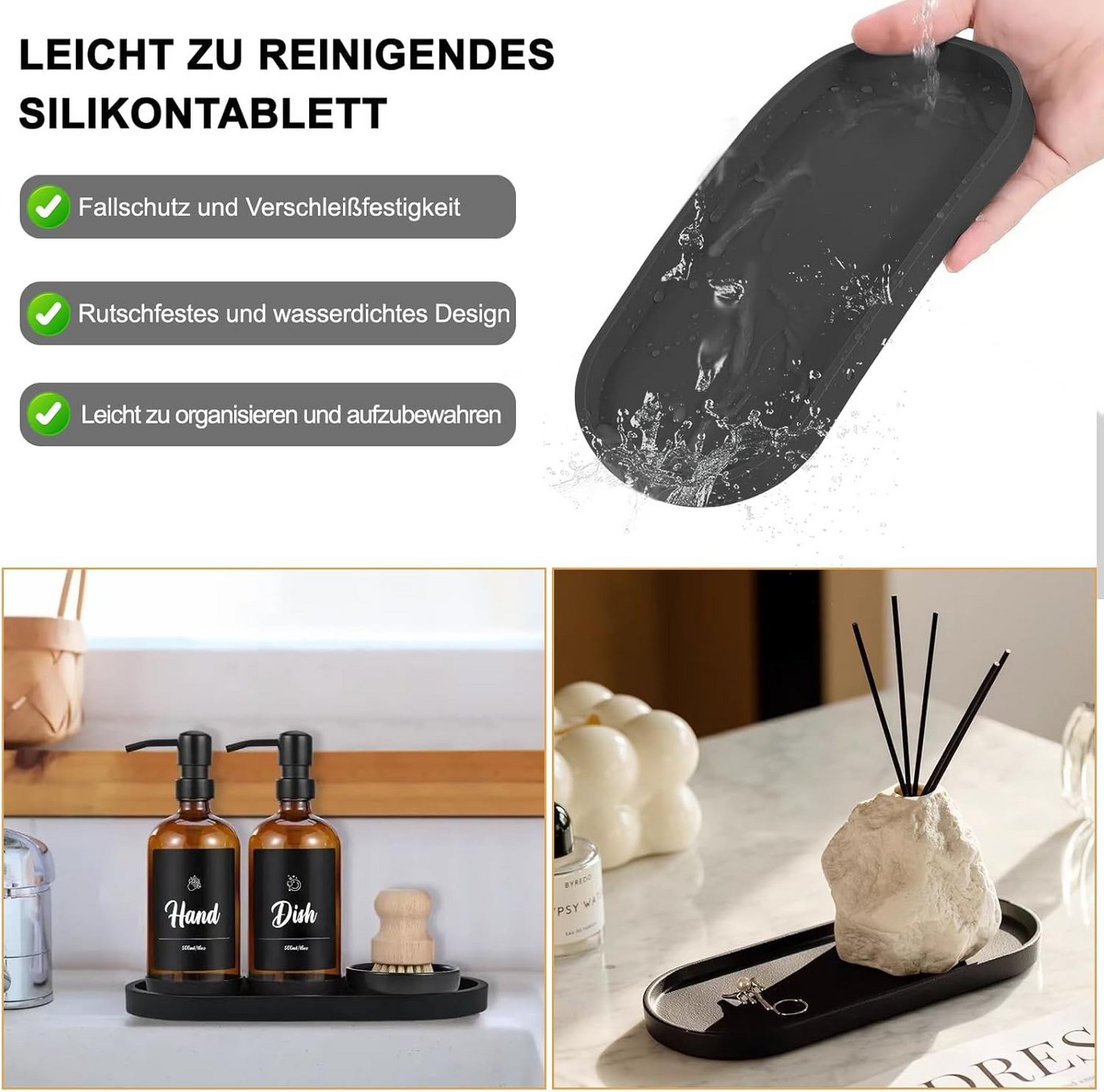 Holz Lichter Dekoschale Deko Tablett 2er Set, Silikon Ablageschalen, Schwarz, Oval, rutschfest (2 St), Pflegeleicht & multifunktional für Bad, Küche & Wohnzimme – Bild 5 von 5