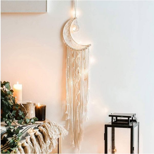 Holz Lichter Wanddekoobjekt Makramee Wandbehang Halbmond – Handgefertigte Boho Wanddekoration (Liebevolle Handarbeit, Warme Atmosphäre), Halbmond-Design mit Mak