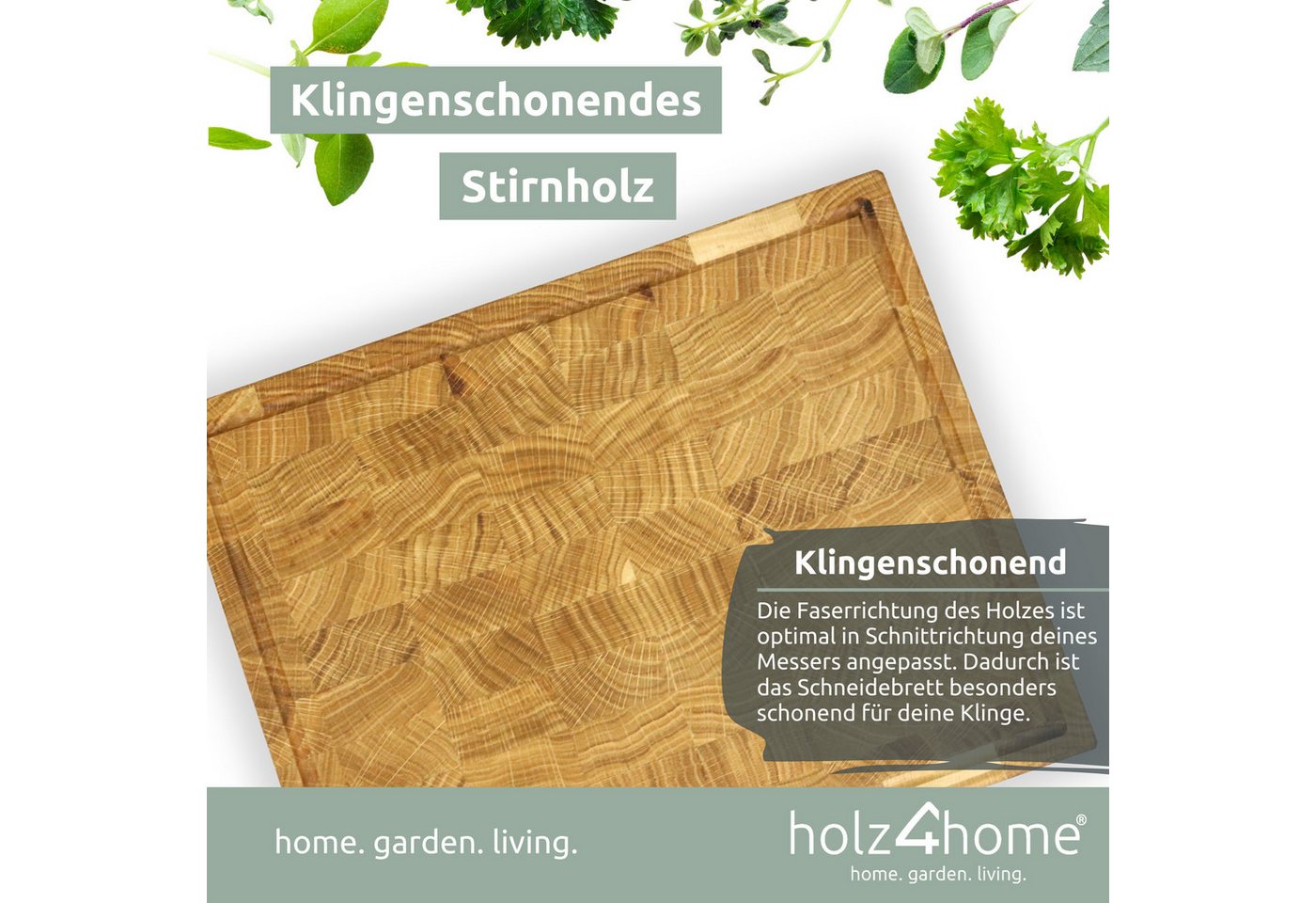 holz4home® Schneidebrett Küchenbrett aus Eichenholz I Hackbrett mit Saftrille in 3 Größen, Stirnholz mit Würfelmuster – Bild 2 von 5
