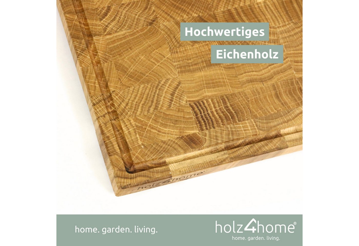holz4home® Schneidebrett Küchenbrett aus Eichenholz I Hackbrett mit Saftrille in 3 Größen, Stirnholz mit Würfelmuster – Bild 3 von 5