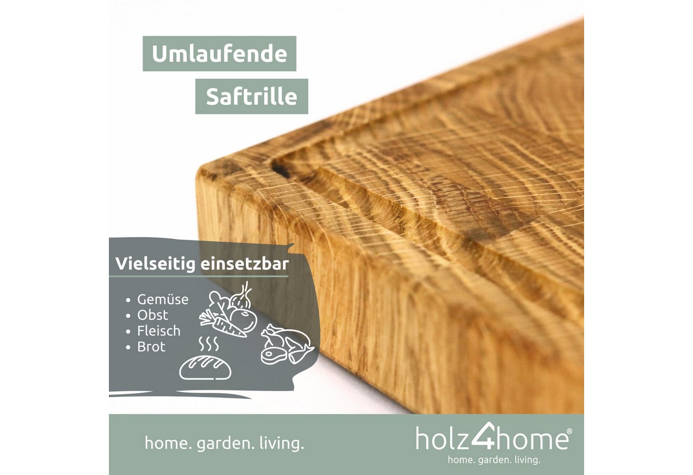 holz4home® Schneidebrett Küchenbrett aus Eichenholz I Hackbrett mit Saftrille in 3 Größen, Stirnholz mit Würfelmuster – Bild 4 von 5