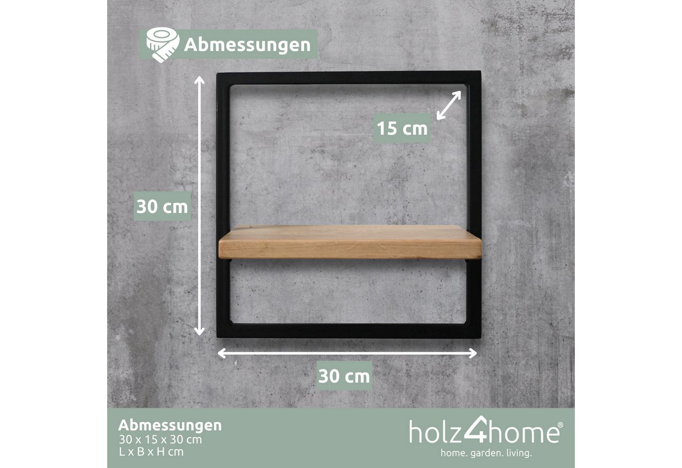 holz4home® Wandregal Eiche Hellgrau mit Metallrahmen Schwarz I Ohne Baumkante, Industrial Schweberegal – Bild 2 von 5