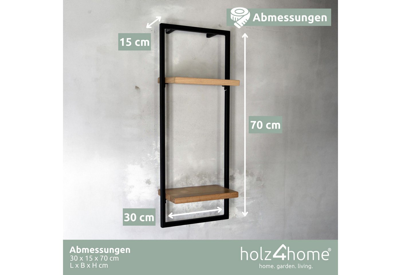 holz4home® Wandregal Eiche Hellgrau mit Metallrahmen Schwarz I Ohne Baumkante, Industrial Schweberegal – Bild 3 von 5