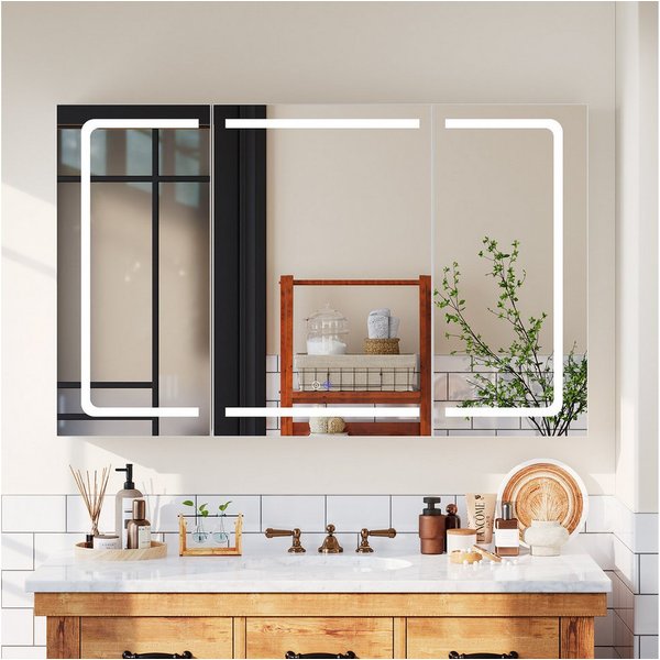 HOMALL Badezimmerspiegelschrank LED-3 Farbtemperaturen Spiegelschrank,Entnebelungsfunktion (mit Stecker, Touchschalter, Helligkeitsregelung,3 Türen Große Speich