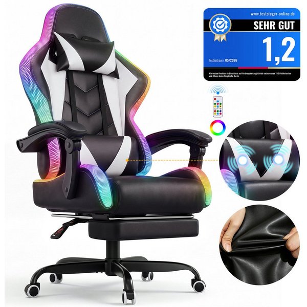 HOMALL Gaming-Stuhl mit LED,Ergonomisch,Fußstütze,computerstuhl,gaming stuhl mit massage (Die LED-Beleuchtung ist einstellbar, das Massagekissen für den Rücken 