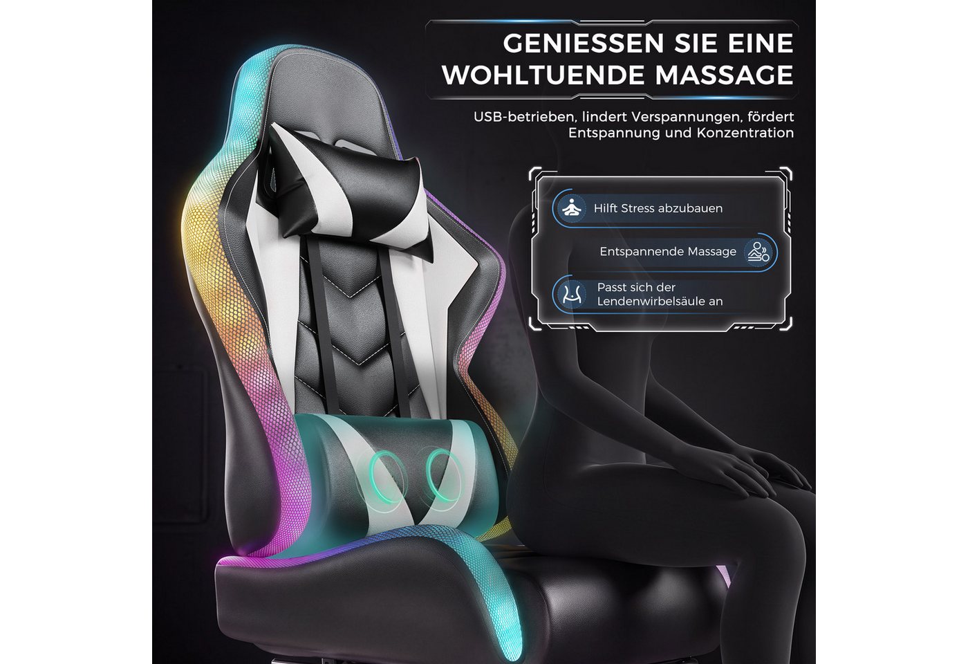 HOMALL Gaming-Stuhl mit LED,Ergonomisch,Fußstütze,computerstuhl,gaming stuhl mit massage (Die LED-Beleuchtung ist einstellbar, das Massagekissen für den Rücken  – Bild 4 von 5