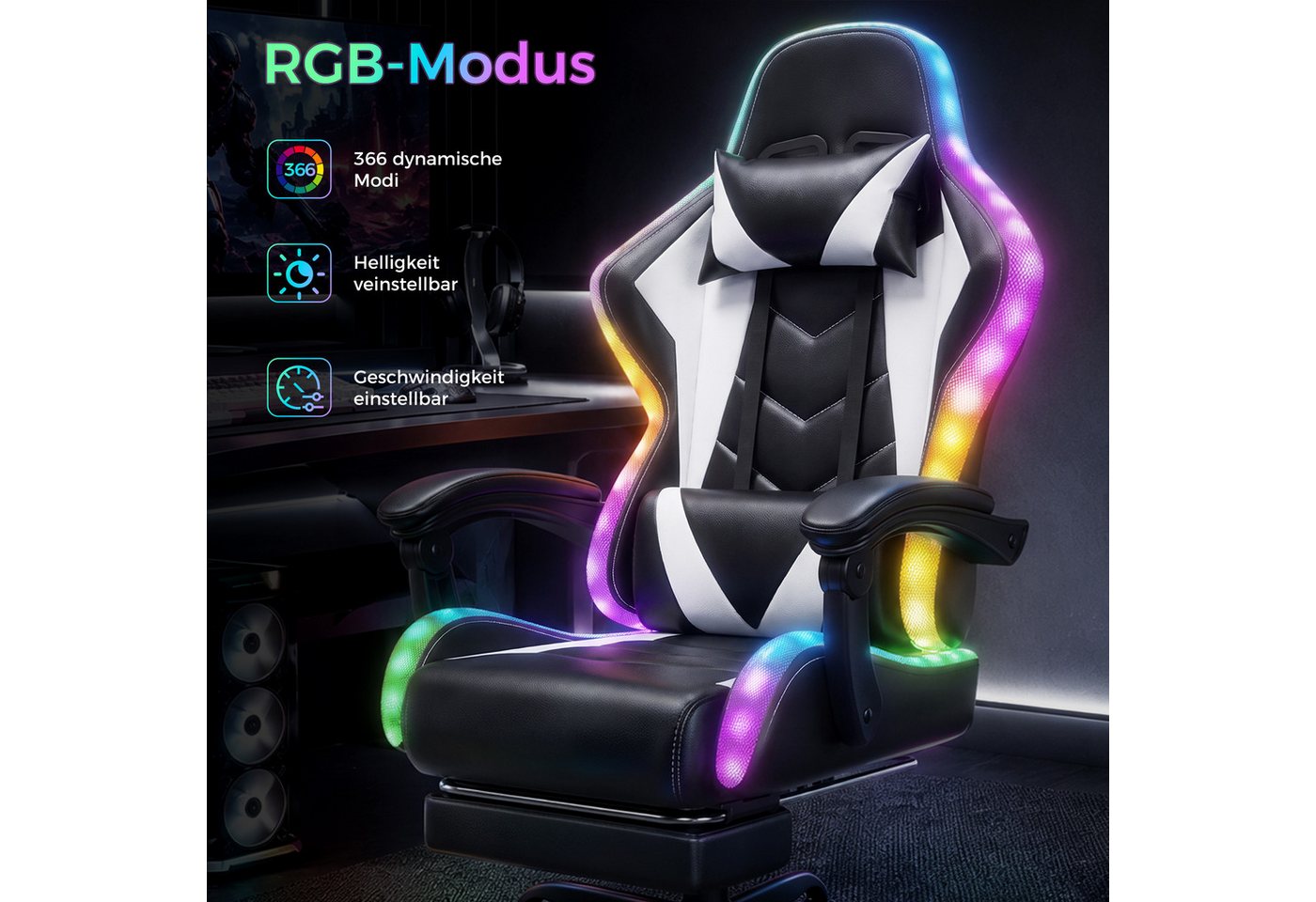 HOMALL Gaming-Stuhl mit LED,Ergonomisch,Fußstütze,computerstuhl,gaming stuhl mit massage (Die LED-Beleuchtung ist einstellbar, das Massagekissen für den Rücken  – Bild 5 von 5