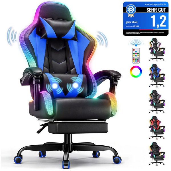 HOMALL Gaming-Stuhl mit LED,Ergonomisch,Fußstütze,computerstuhl,gaming stuhl mit massage (Die LED-Beleuchtung ist einstellbar, das Massagekissen für den Rücken 