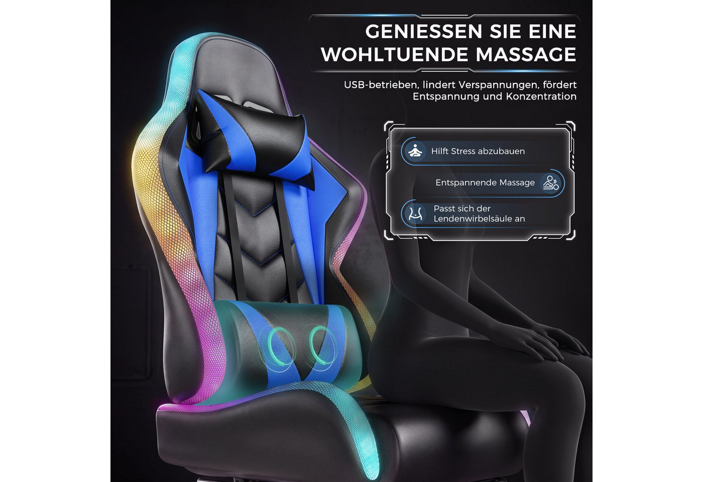 HOMALL Gaming-Stuhl mit LED,Ergonomisch,Fußstütze,computerstuhl,gaming stuhl mit massage (Die LED-Beleuchtung ist einstellbar, das Massagekissen für den Rücken  – Bild 4 von 5