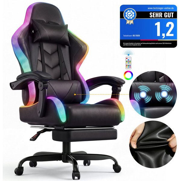 HOMALL Gaming-Stuhl mit LED,Ergonomisch,Fußstütze,computerstuhl,gaming stuhl mit massage (Die LED-Beleuchtung ist einstellbar, das Massagekissen für den Rücken 